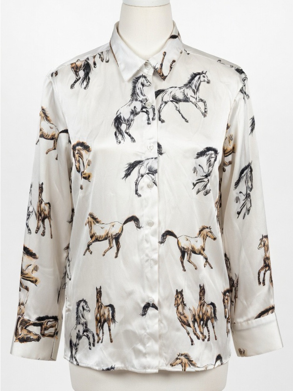 Satin Horse Print Button-Up Shirt - Women’s Size Large